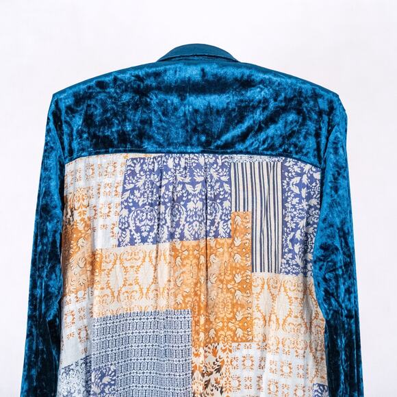 Women's Velvety Velour Embroidered Tunic Top MEDIUM Teal Floral Boho Artsy Fairy - Picture 5 of 6